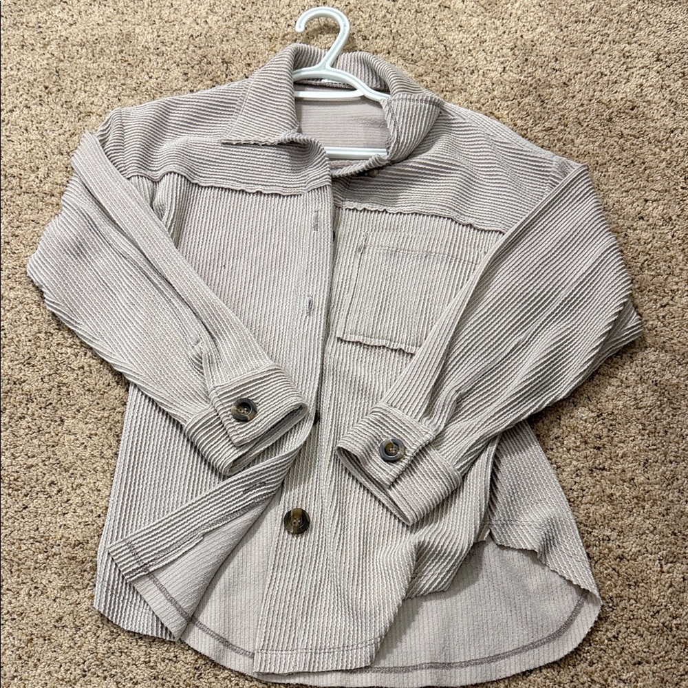 Reborn J Taupe Striped Button-Down Shacket